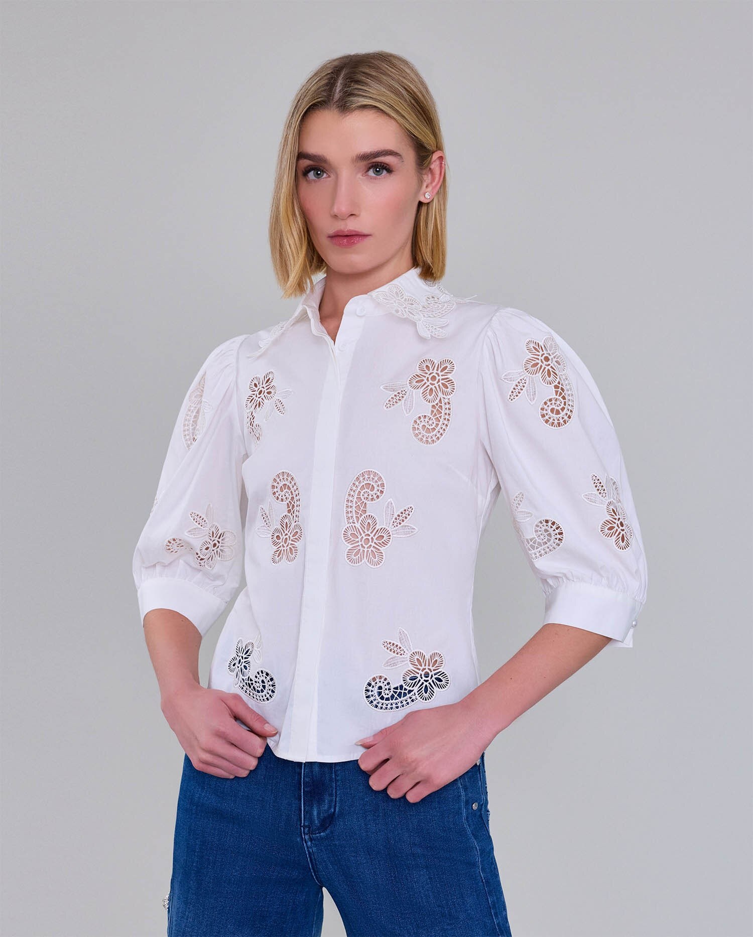 front view with pale floral embroidery