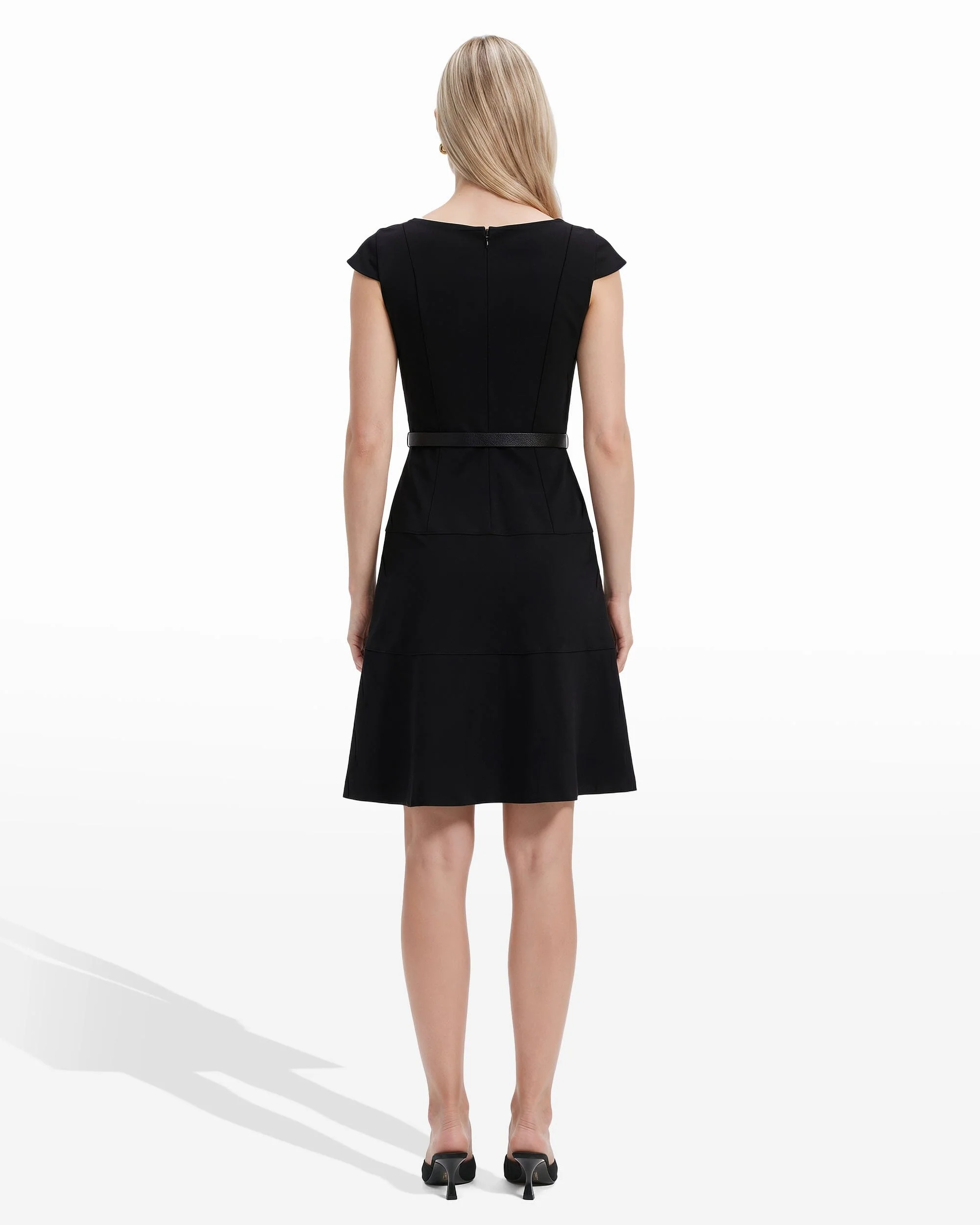 Cap Sleeve Tiered Skirt Belted Crew Neck Dress — official side/profile view