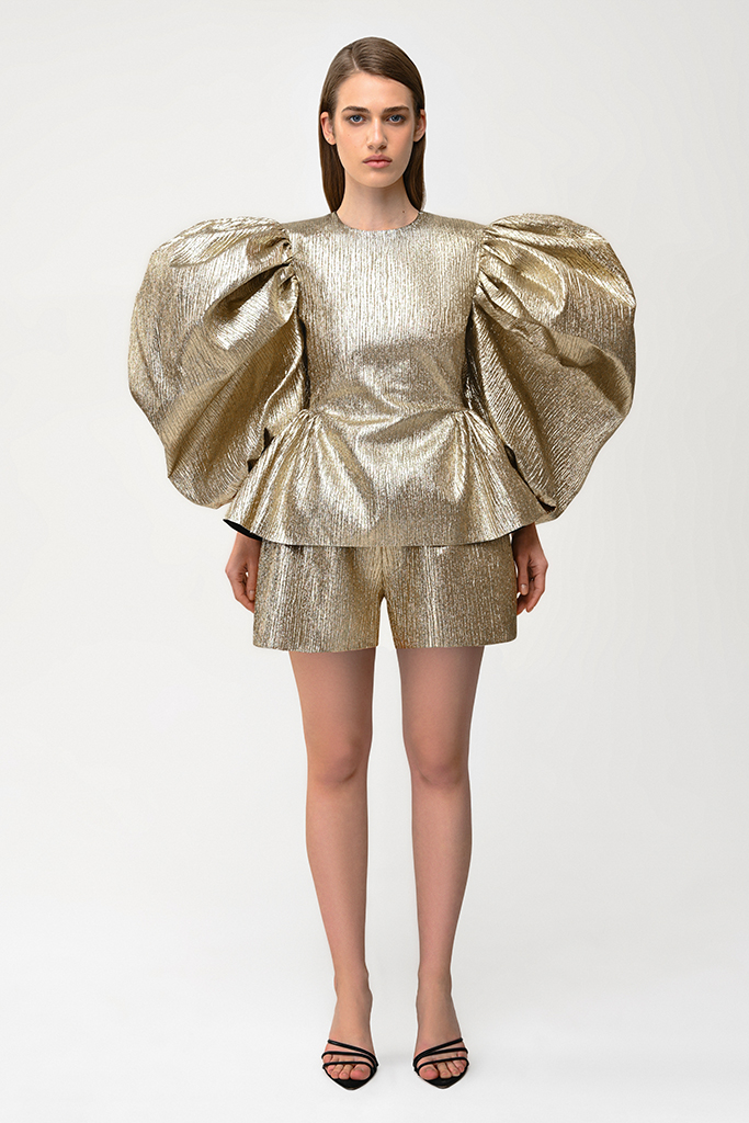 Metallic puff-sleeve top and shorts set
