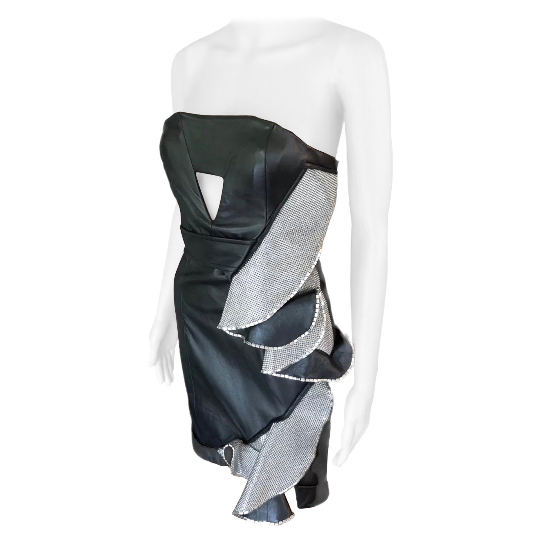 Leather Metal-Mesh Cutout Mini Dress