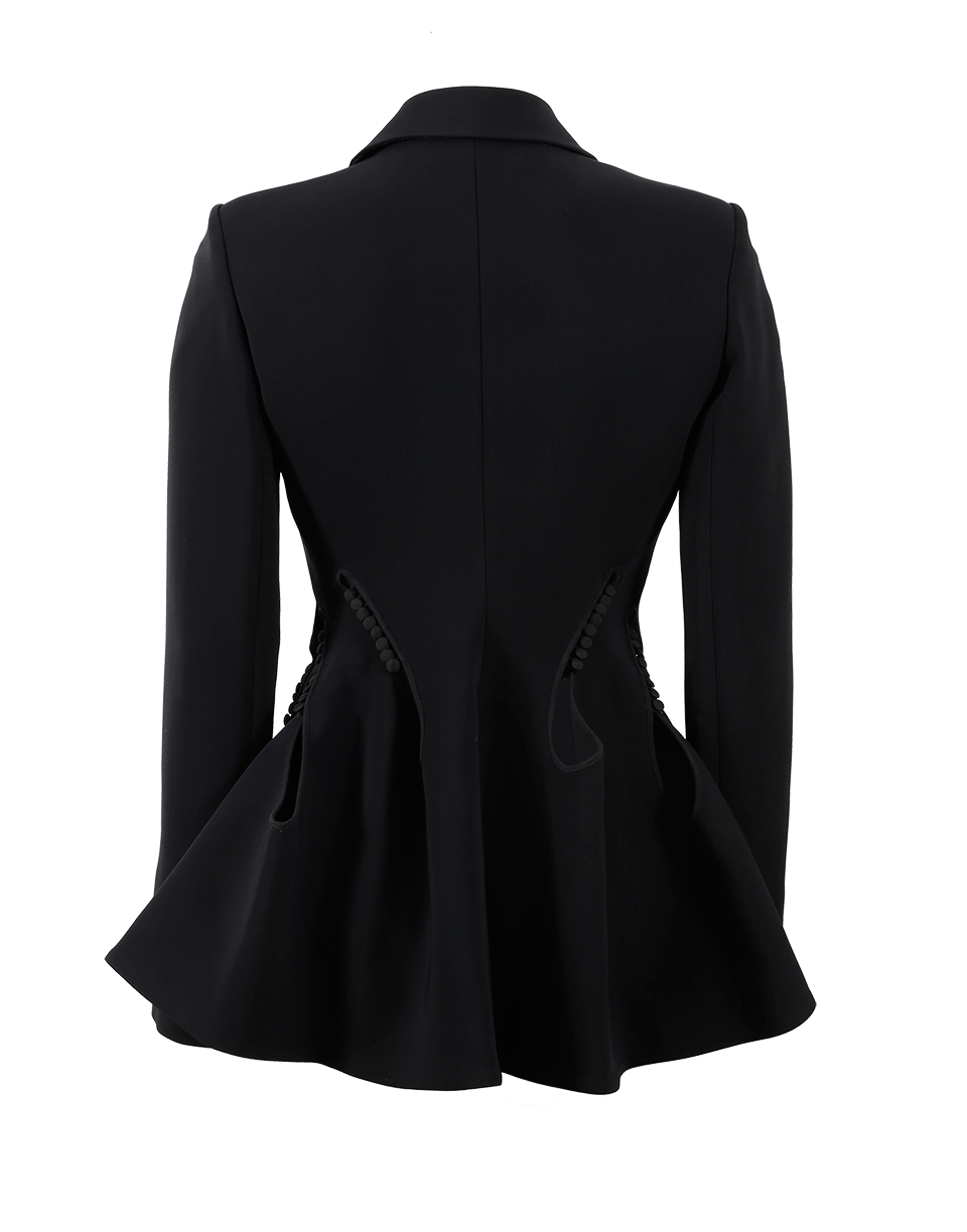 Back view showing the sculpted waist and flared hem