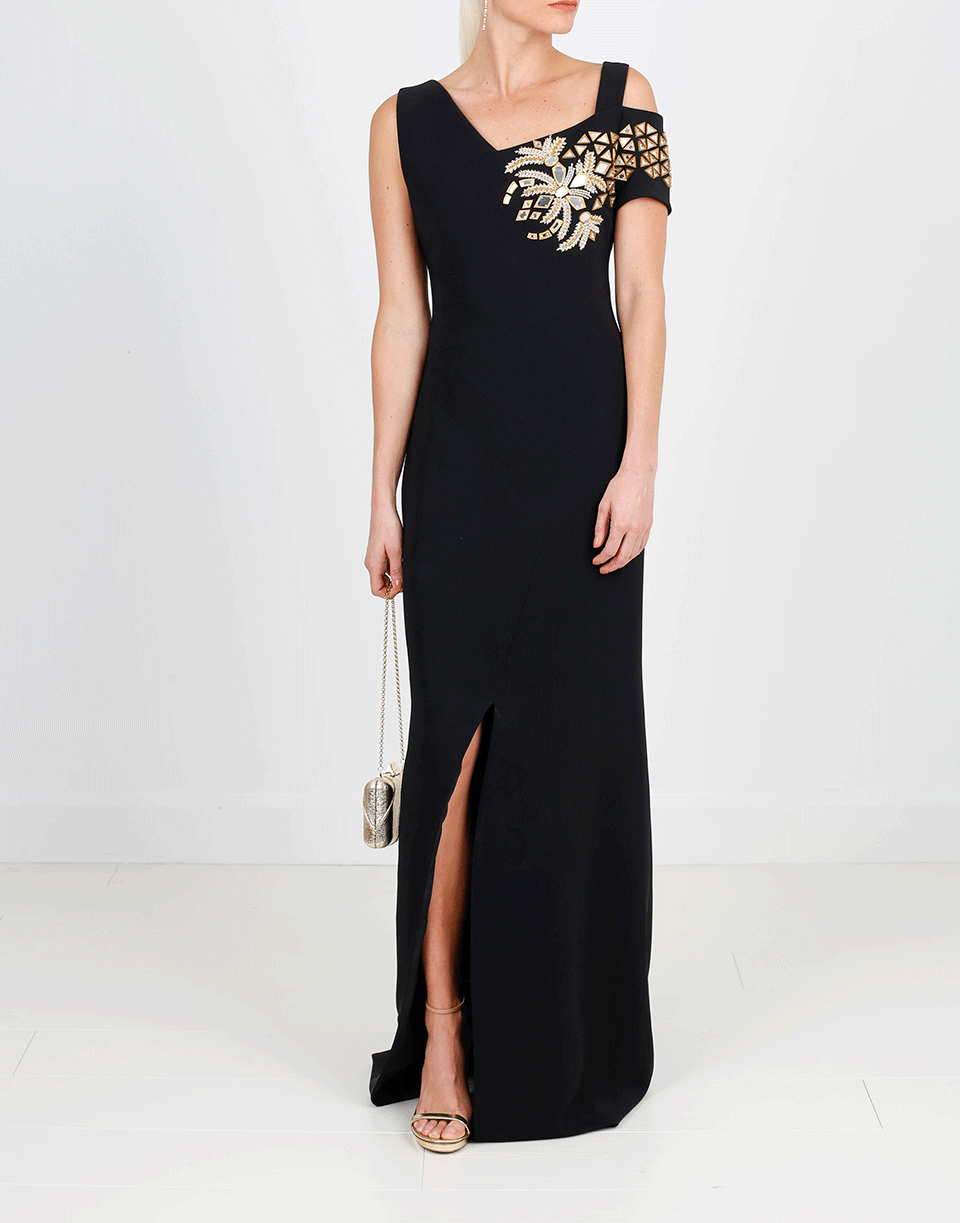 Full-length front view with high slit and slim line