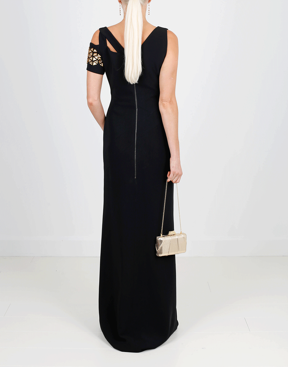 Back view with clean zip closure and gold shoulder detail