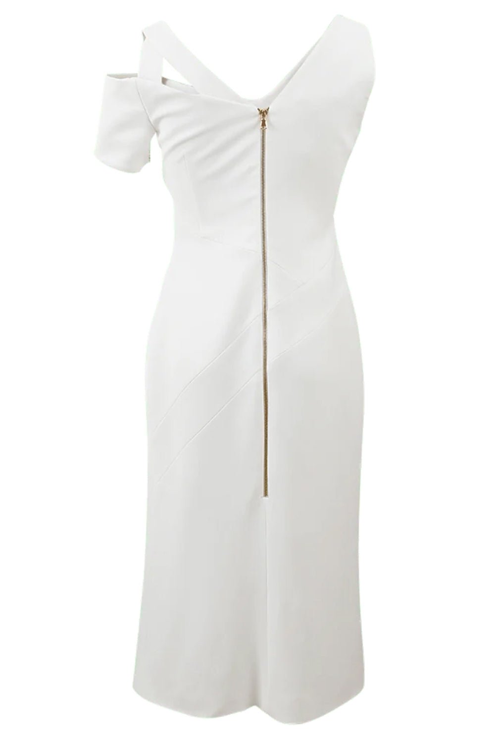 Back view with zip closure and asymmetric shoulder line