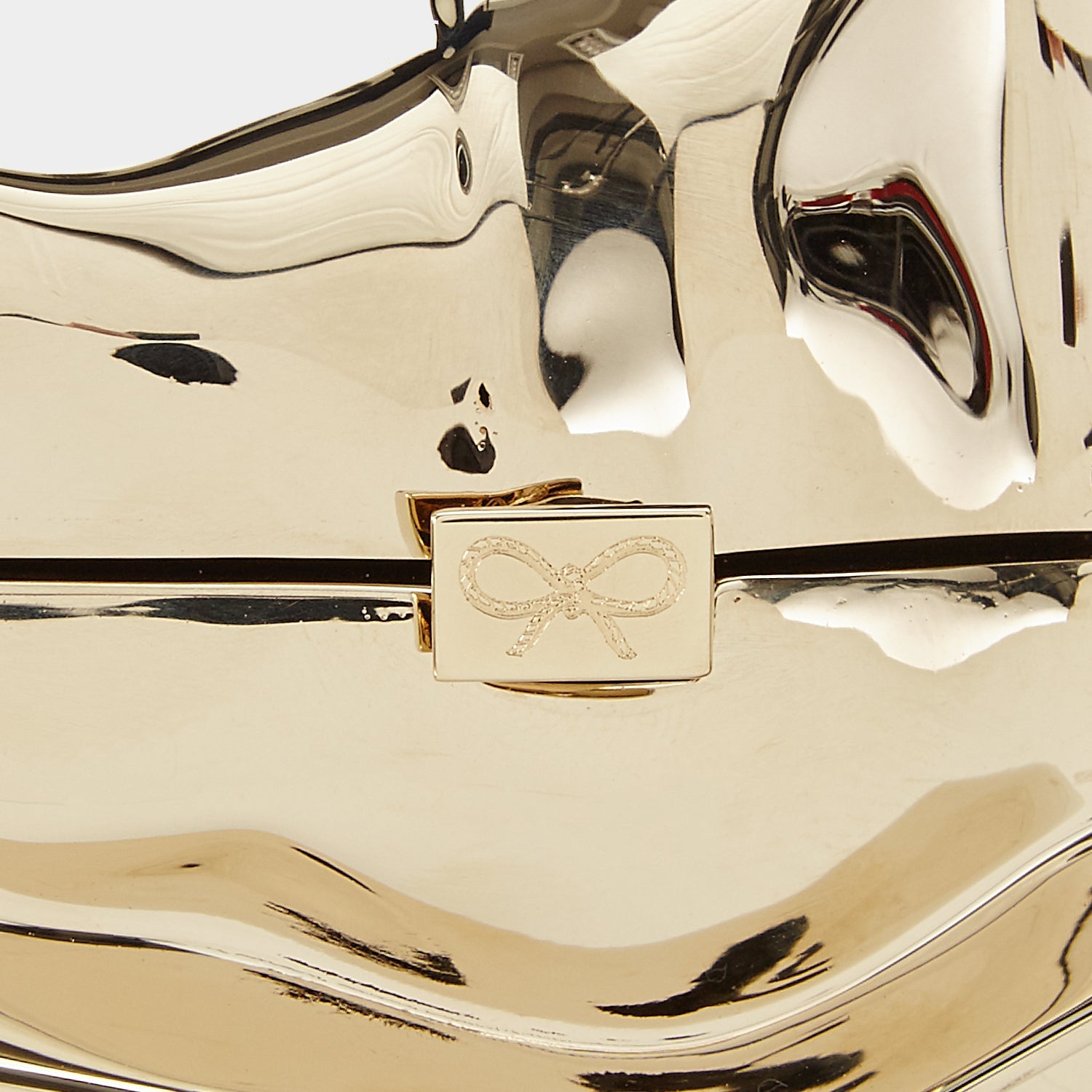 Polished metal close-up with Anya Hindmarch logo plaque