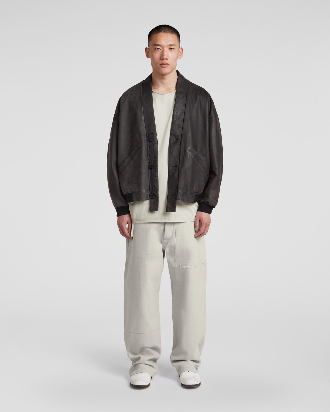 AM2-10 Leather haori bomber jacket, model/detail 02 view
