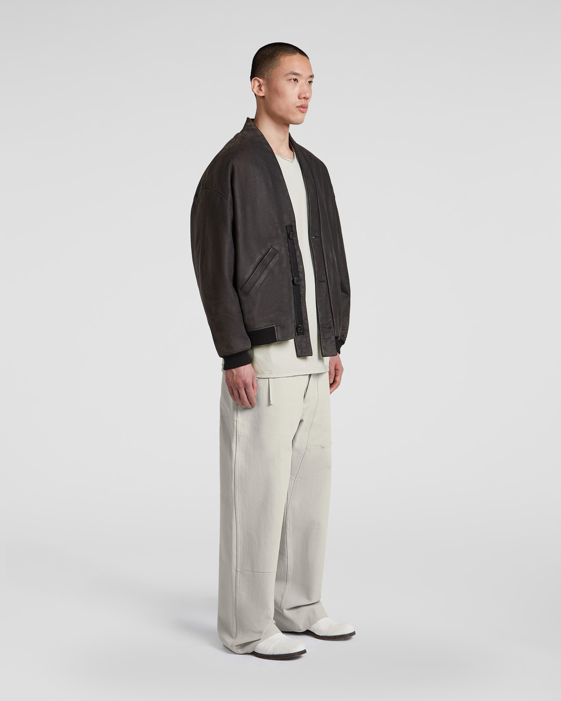 AM2-10 Leather haori bomber jacket, model/detail 06 view