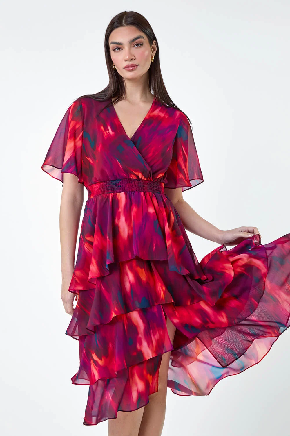 Abstract Print Tiered Midi Dress