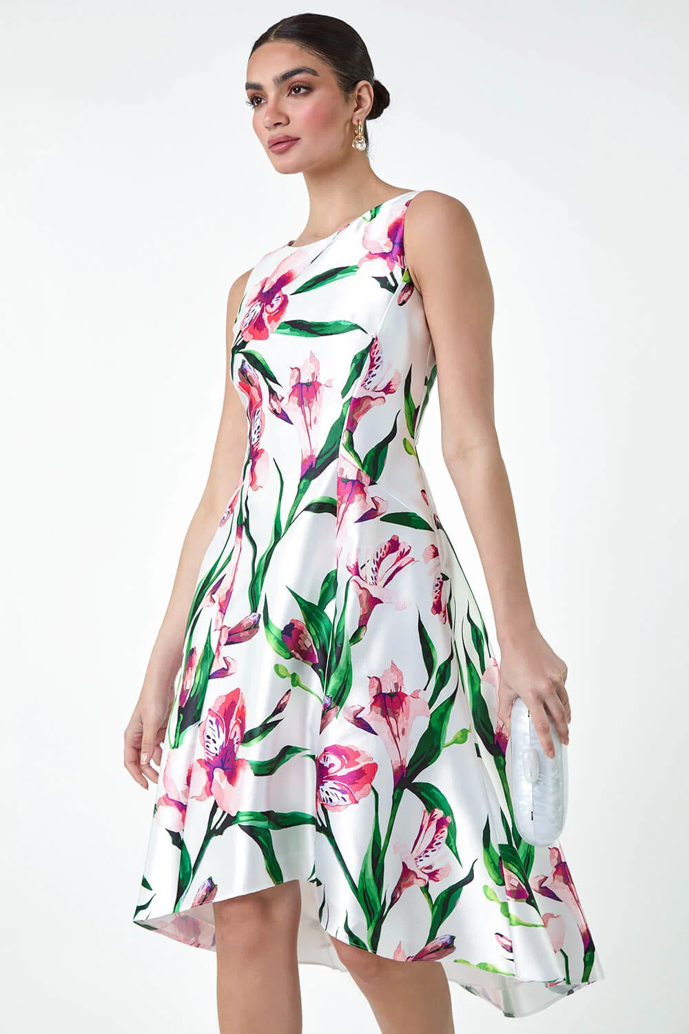 Floral Satin Feel Dipped Hem Midi Dress
