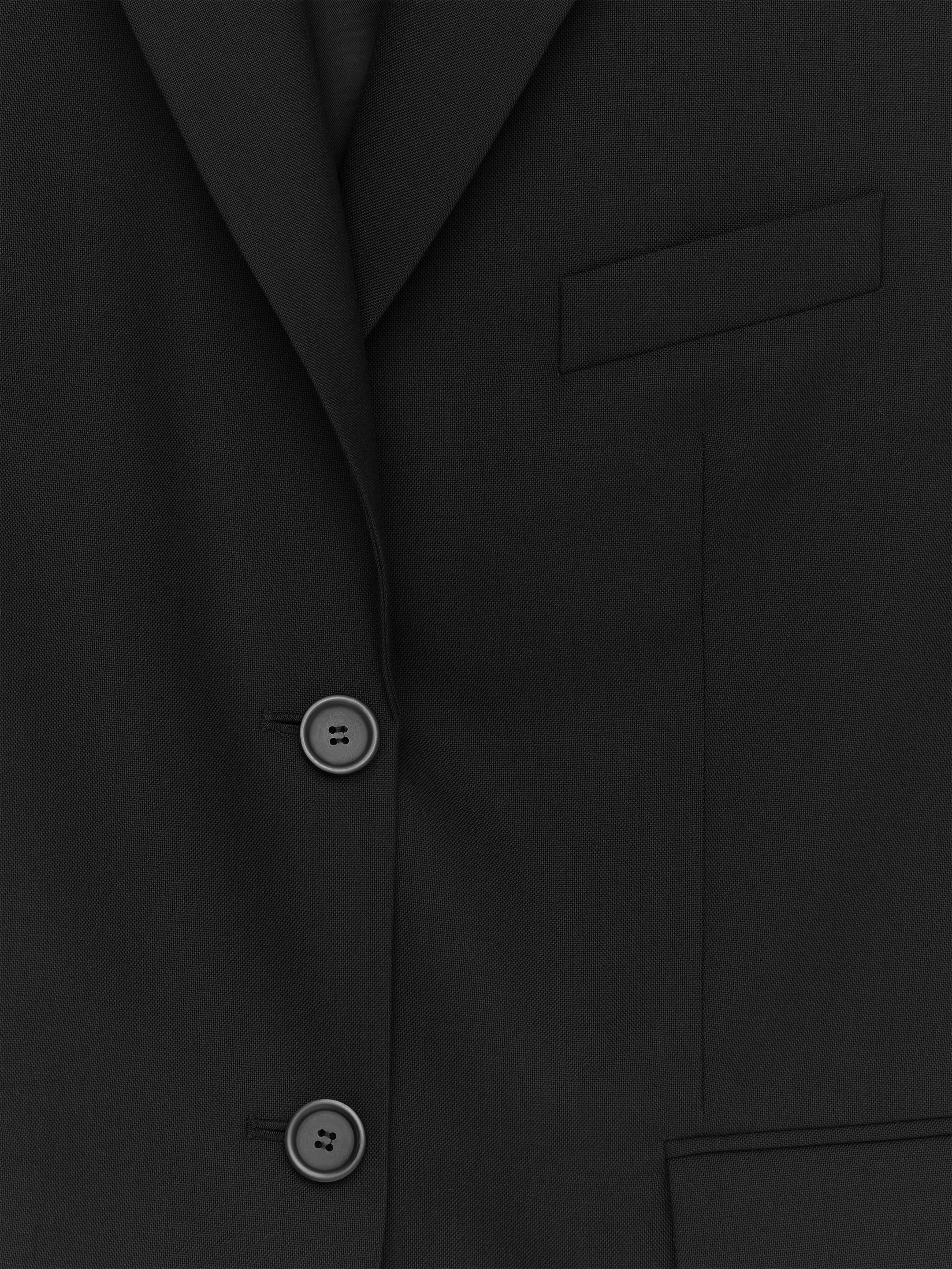 Detail view of black wool and lapel