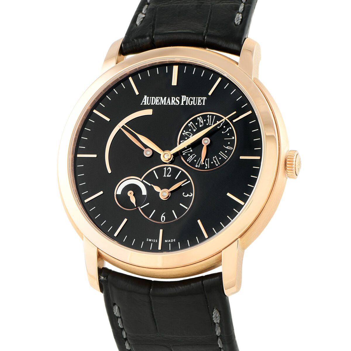 Angled front view showing the thin round case and dual-time display