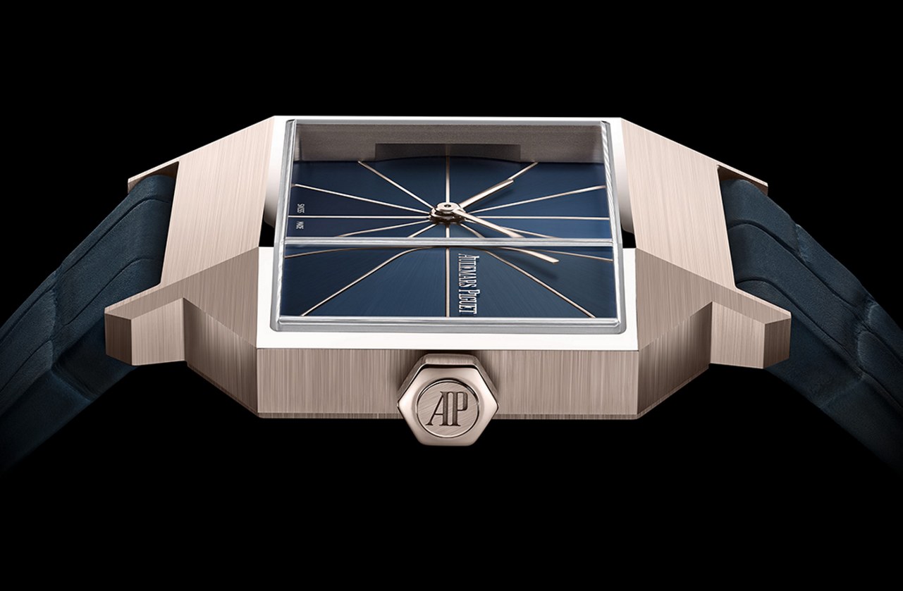 Horizontal front detail with blue dial and crown