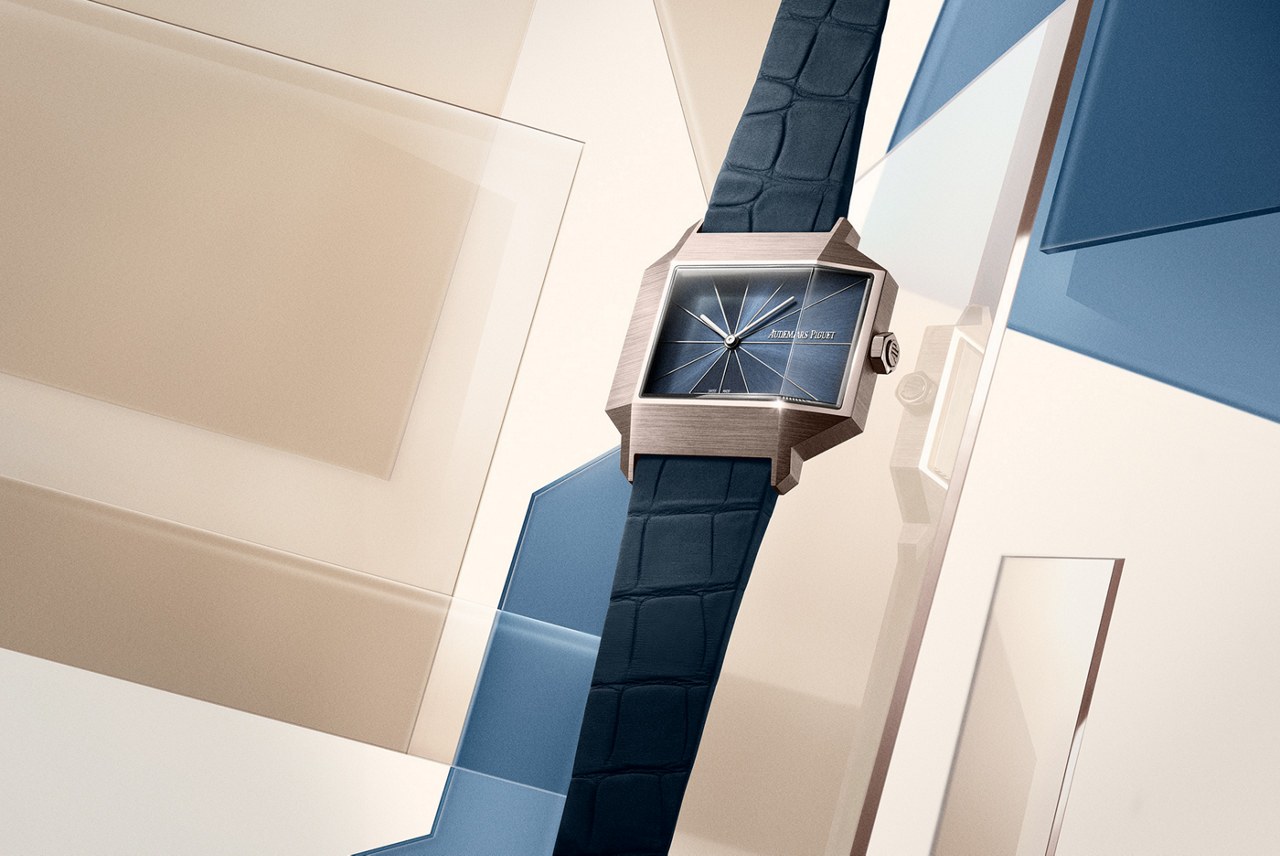 Lifestyle image of the blue alligator strap and Brutalist case shape