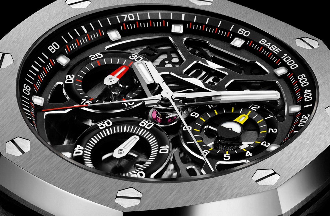 Dial closeup with split-seconds chronograph indications