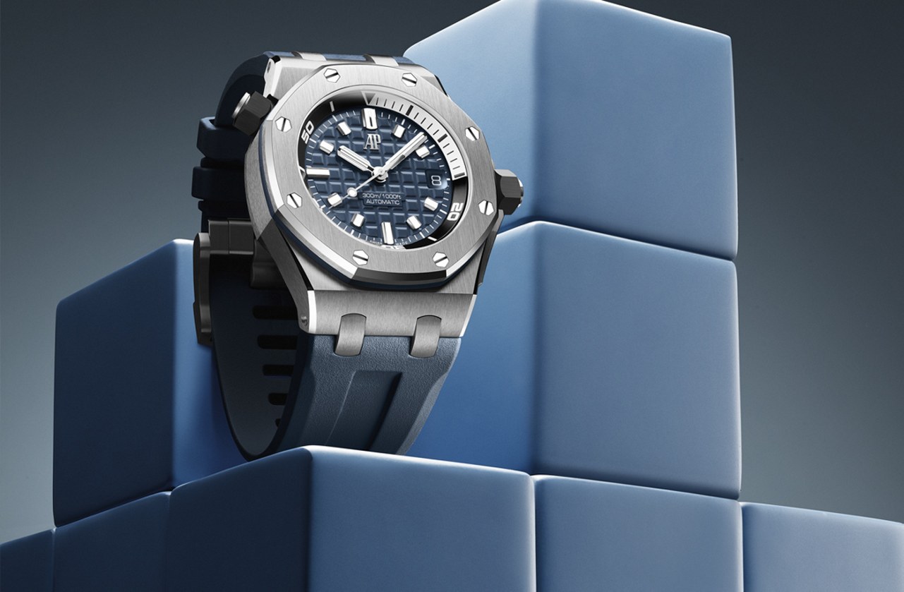 Studio composition showing the blue dial and inner dive bezel
