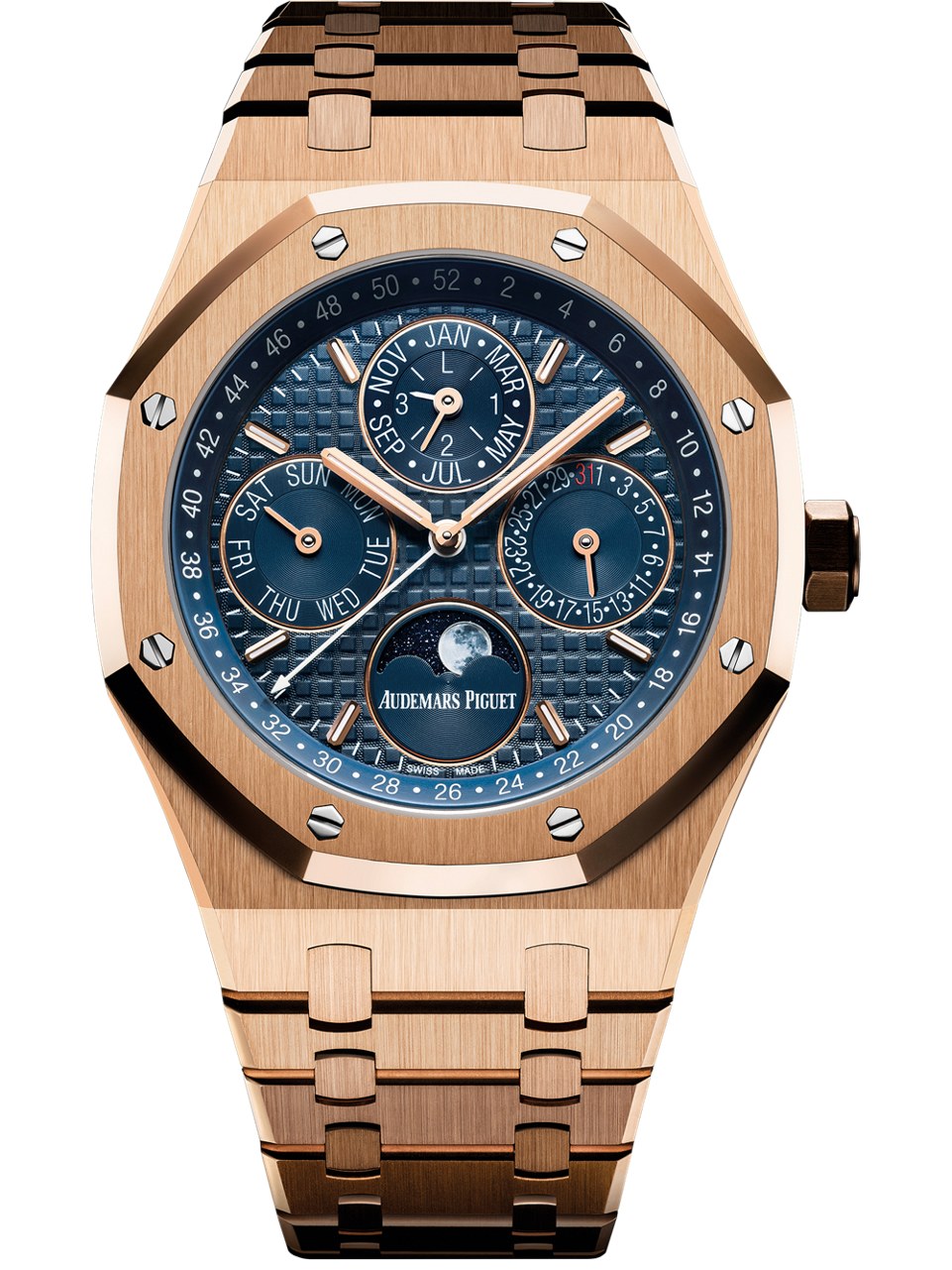 Pink-gold perpetual-calendar variant with blue registers