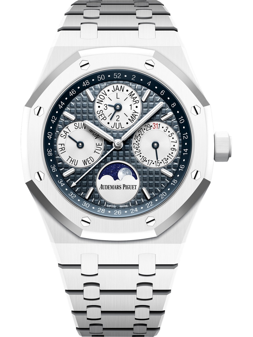 White ceramic perpetual-calendar variant showing the moonphase and calendar indications