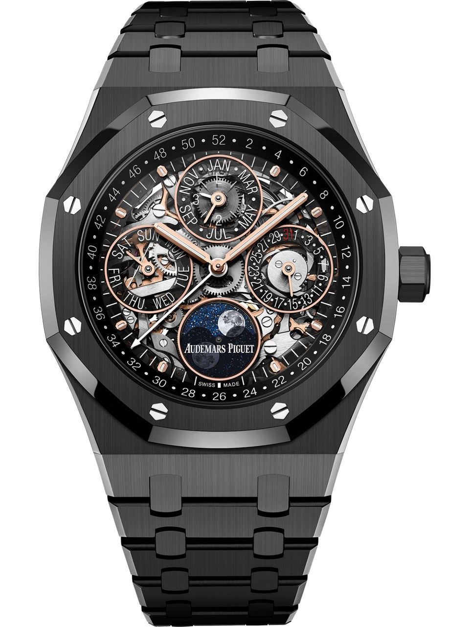 Openworked black ceramic perpetual-calendar expression