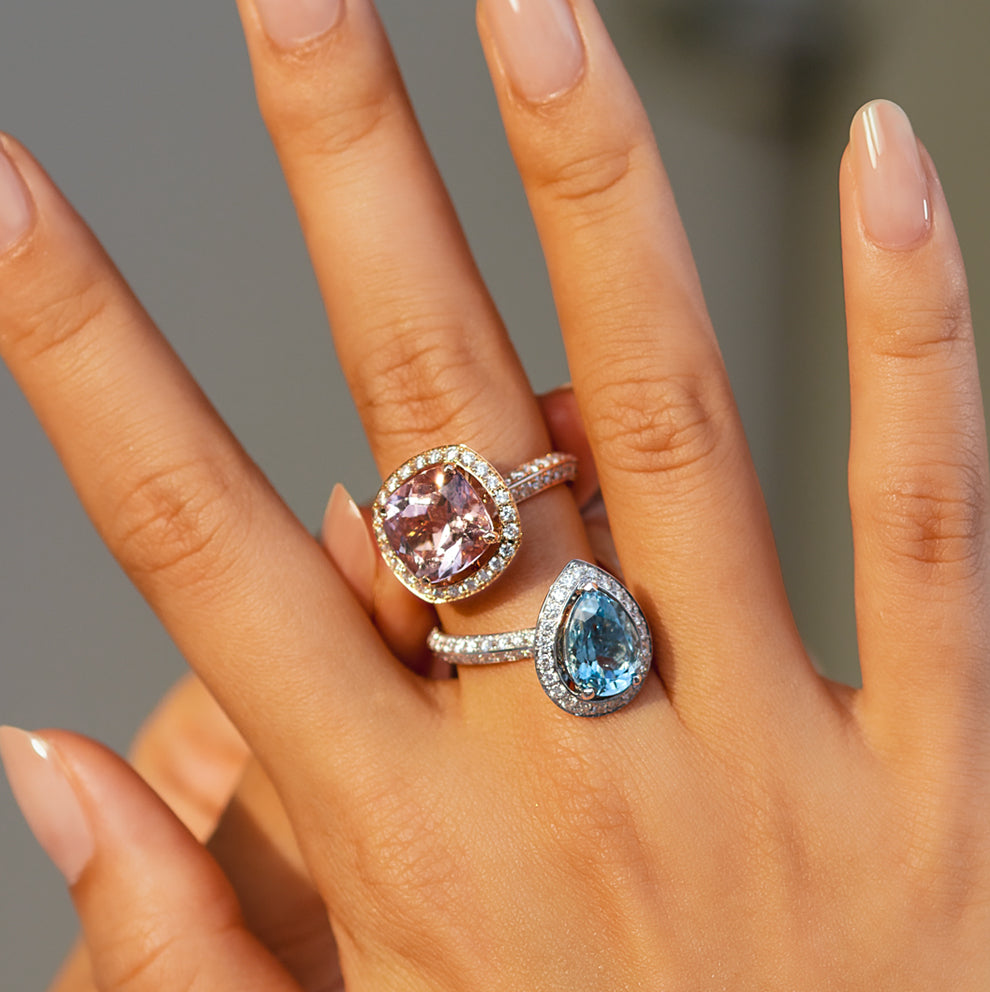 Morganite ring worn with companion coloured stones