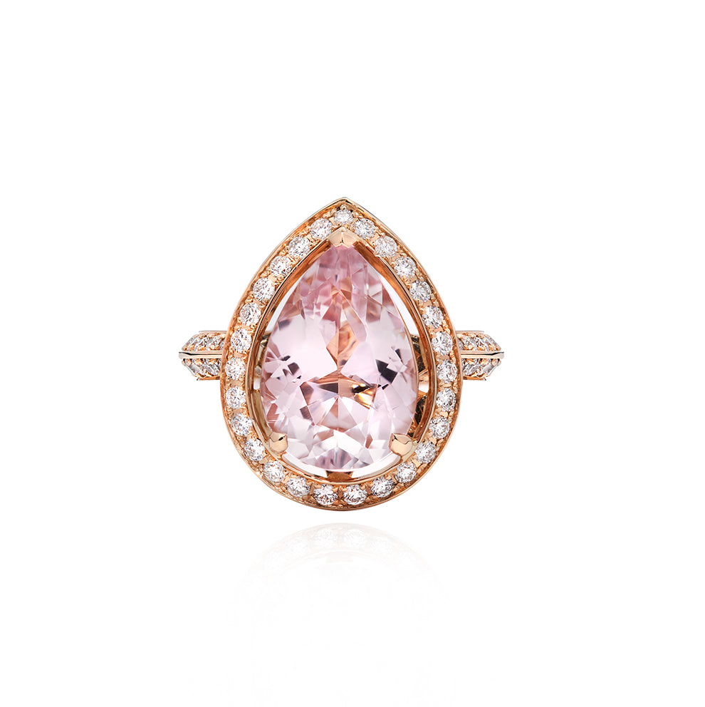 Close view of the morganite and diamond setting