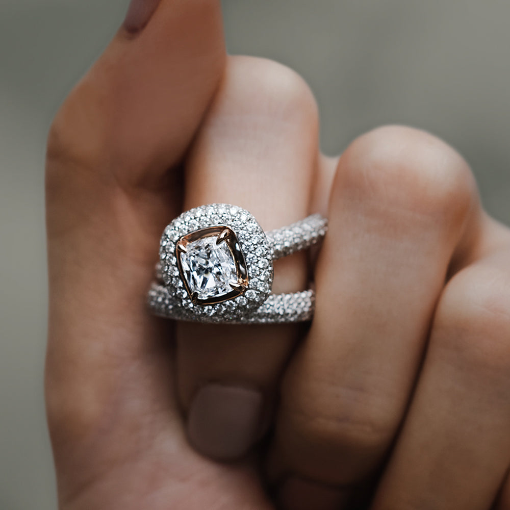 Angled product view of the pavé halo