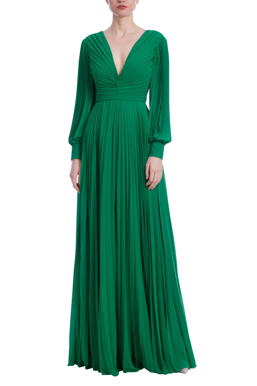 V-Neck Long Sleeve Pleated Gown