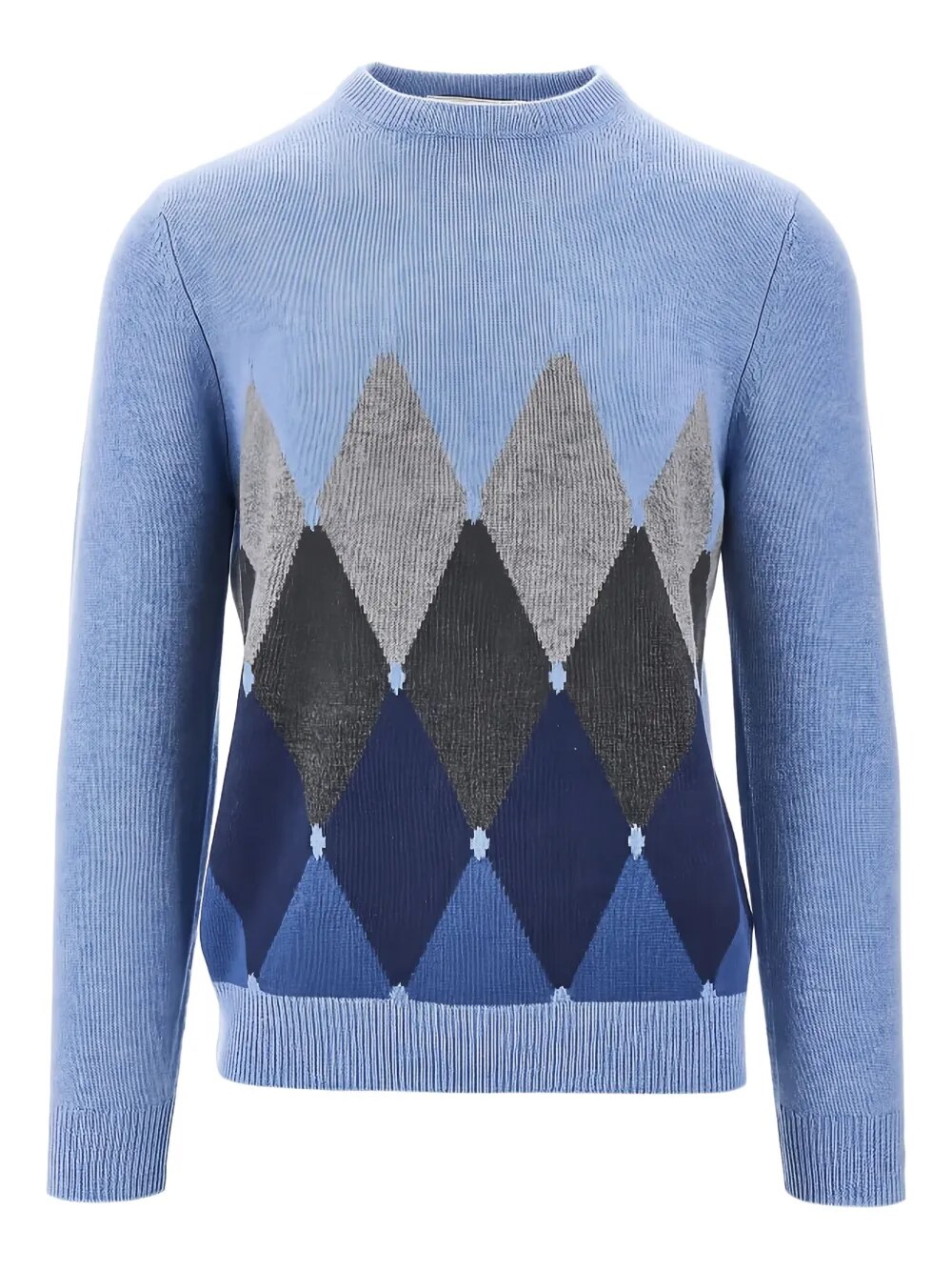 Blue argyle-pattern sweater with ribbed neck