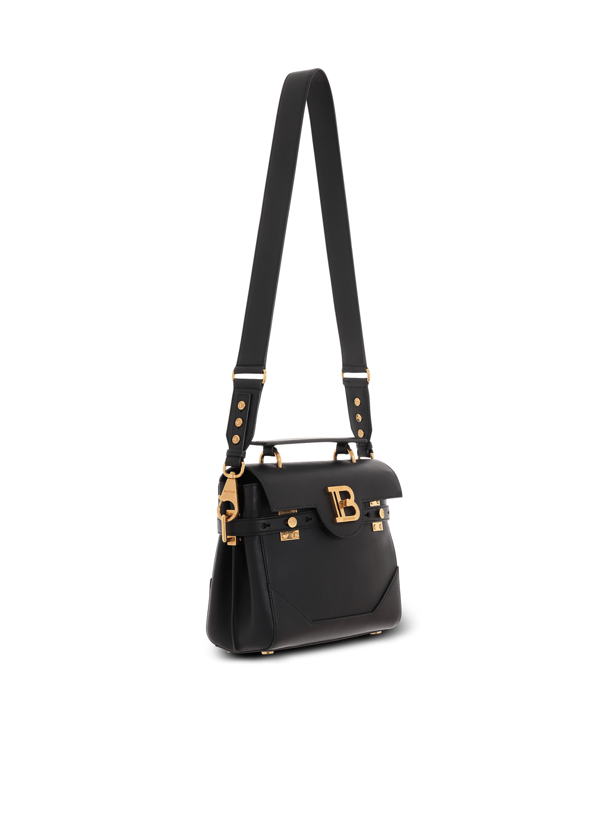 Three-quarter view with the leather shoulder strap and side studs