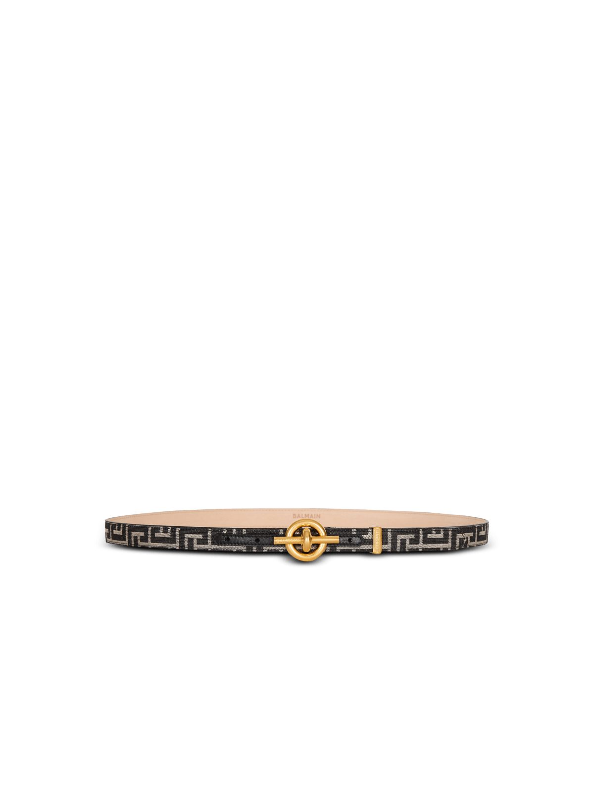 The full belt laid flat — black-and-ivory PB labyrinth jacquard