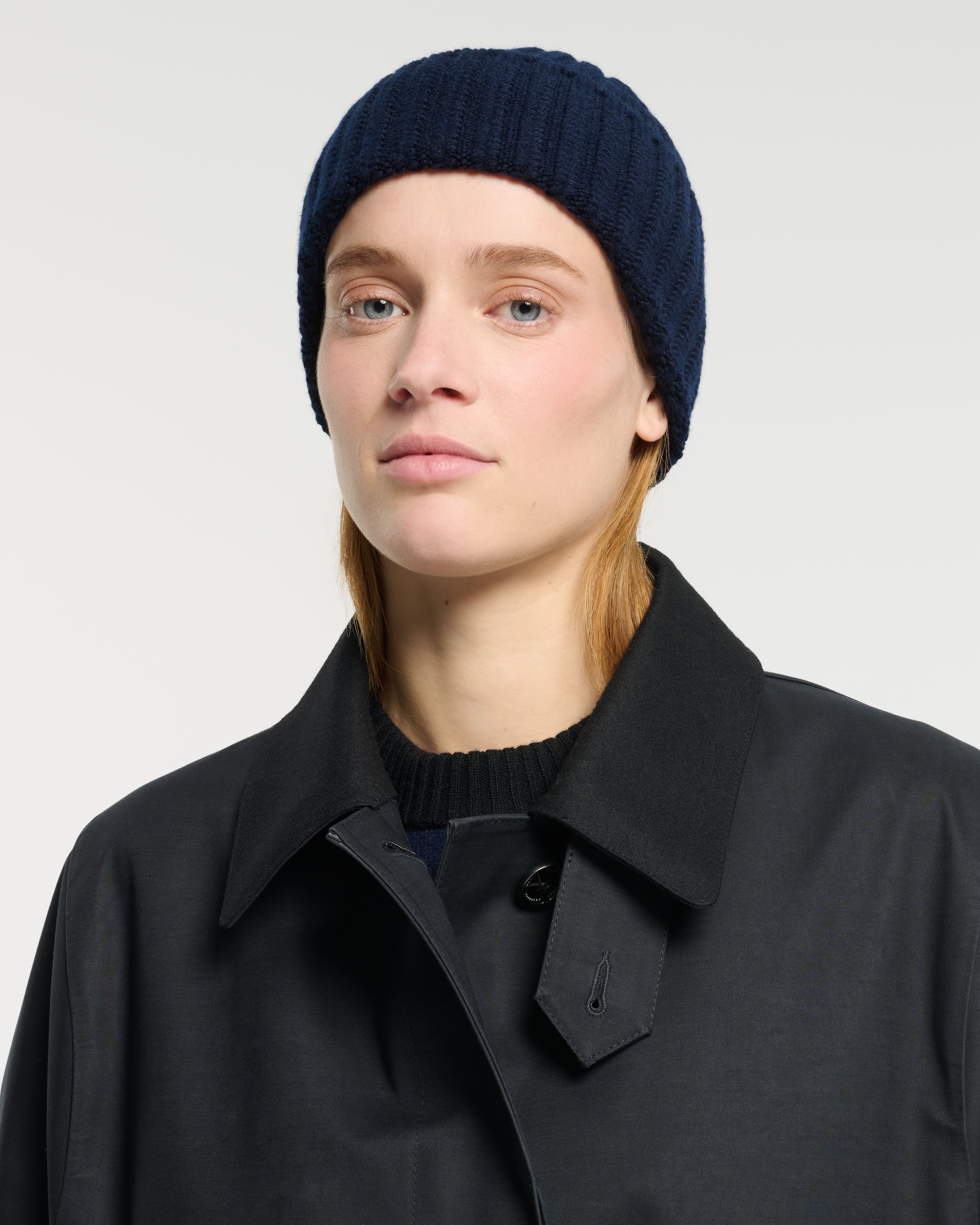 Cashmere beanie — on-body front view