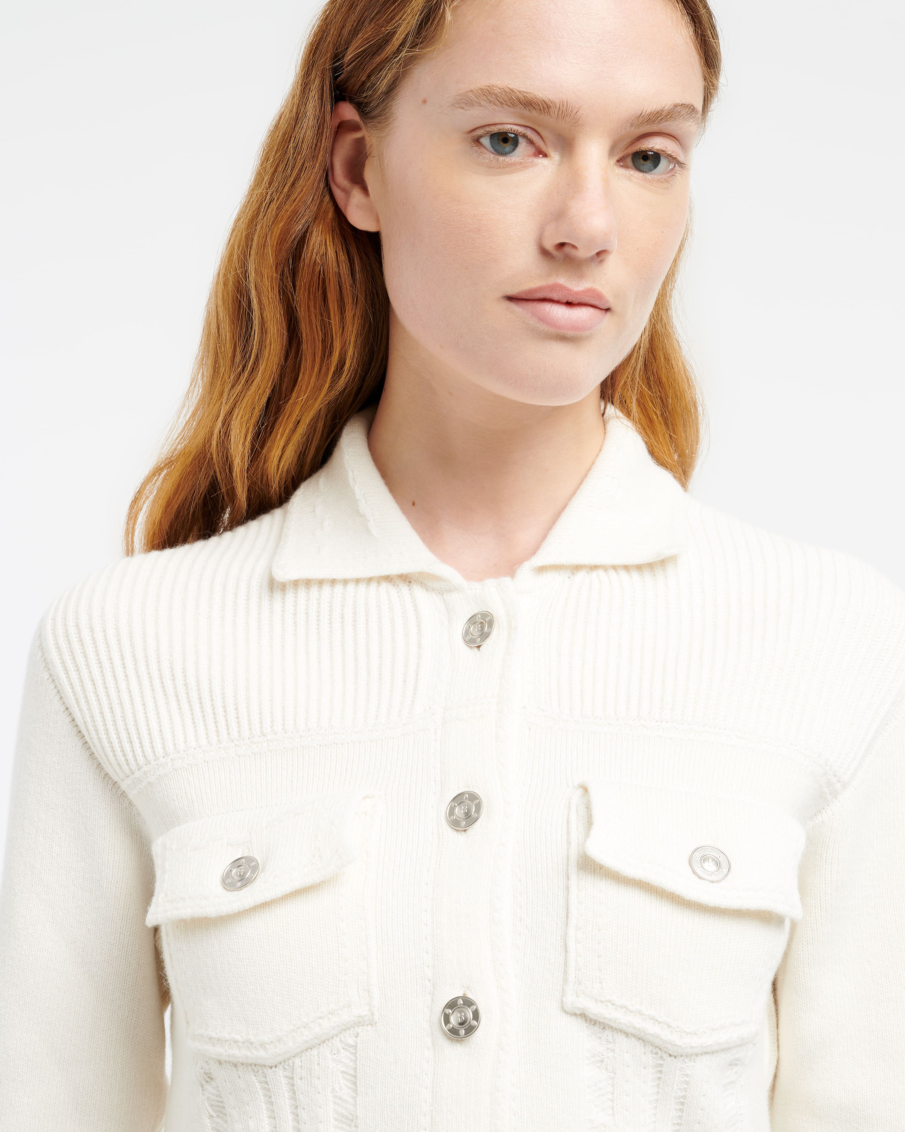 Denim fitted cashmere and cotton jacket — on-body front view