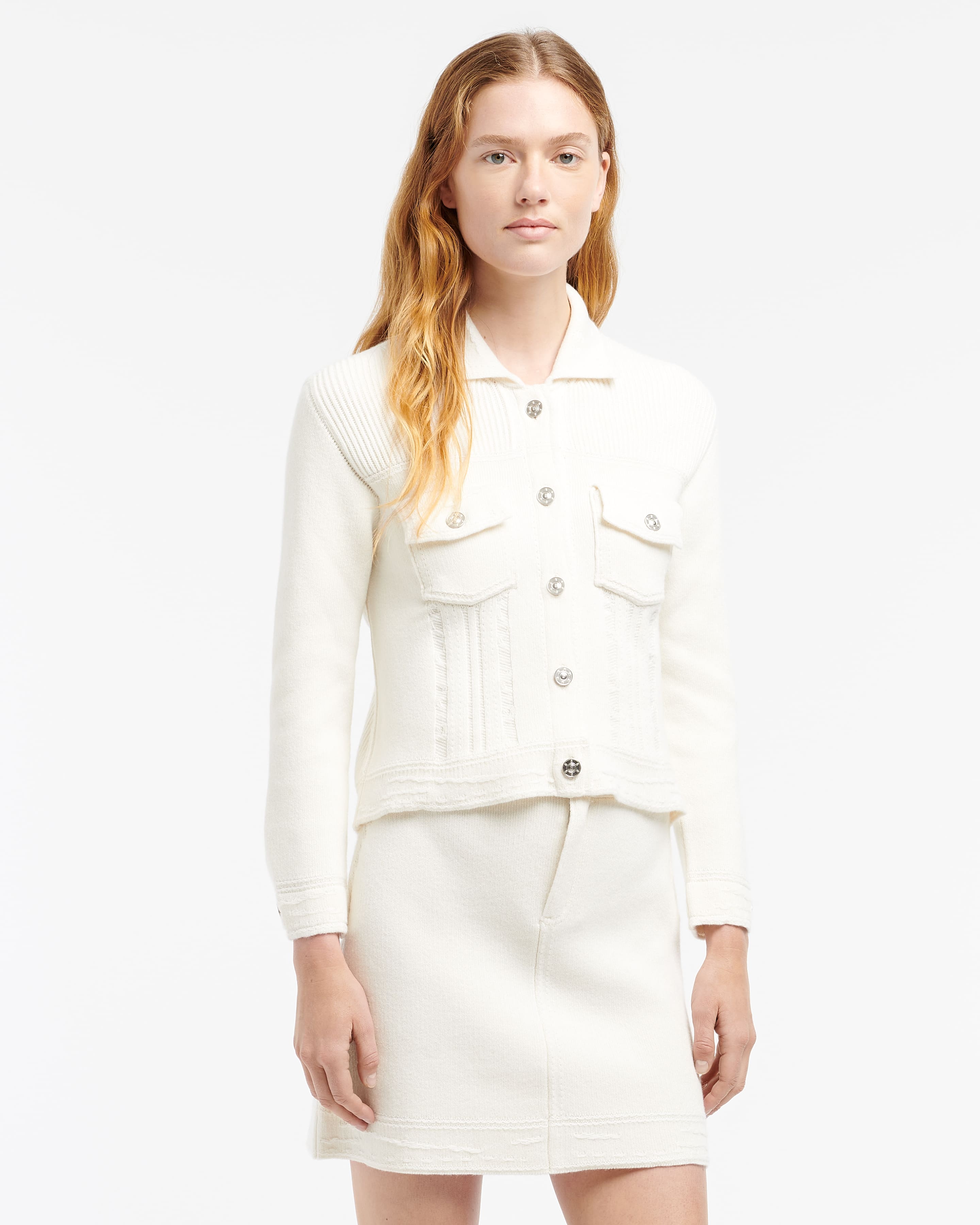 Denim fitted cashmere and cotton jacket — side profile