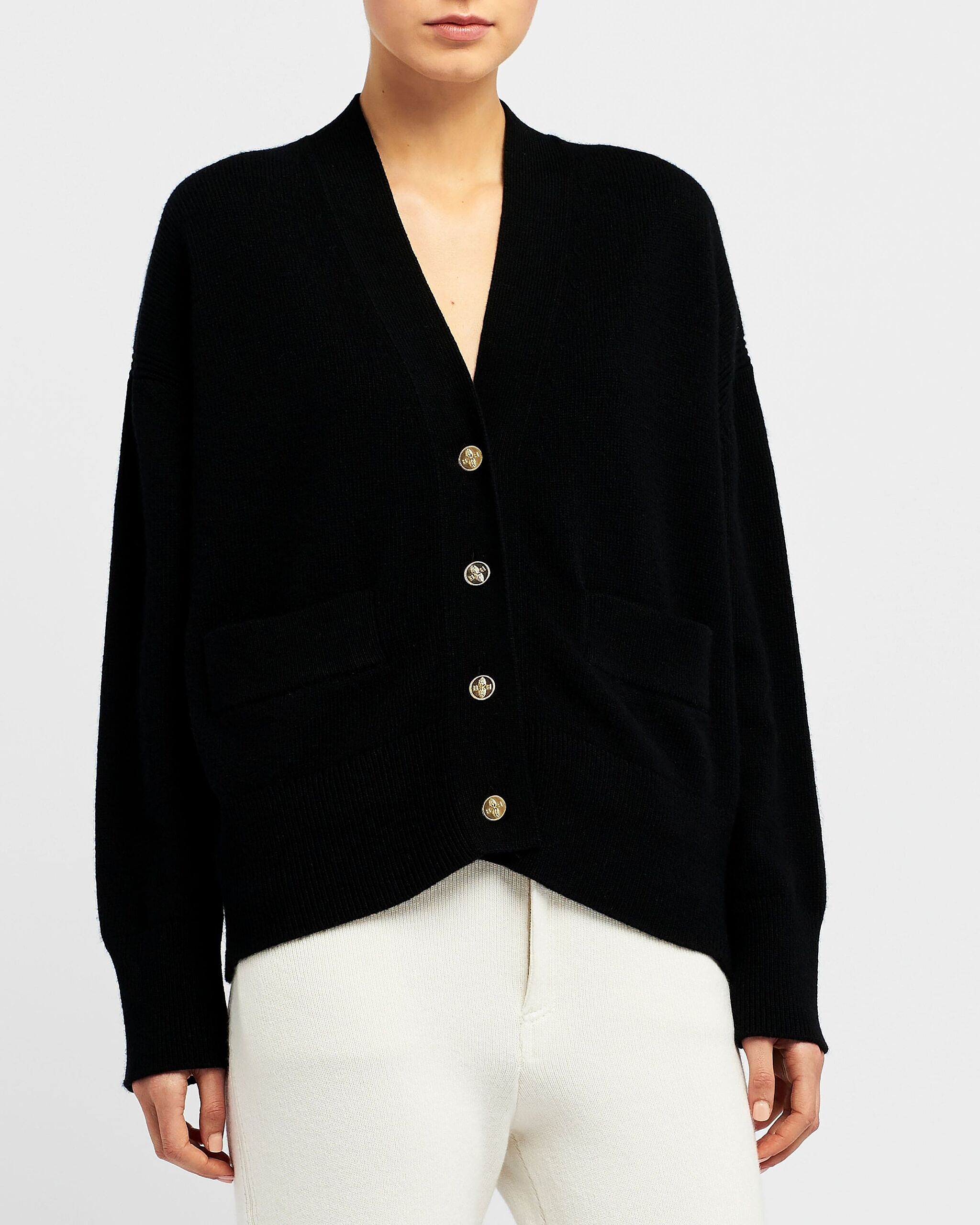 Iconic cashmere cardigan — on-body front view