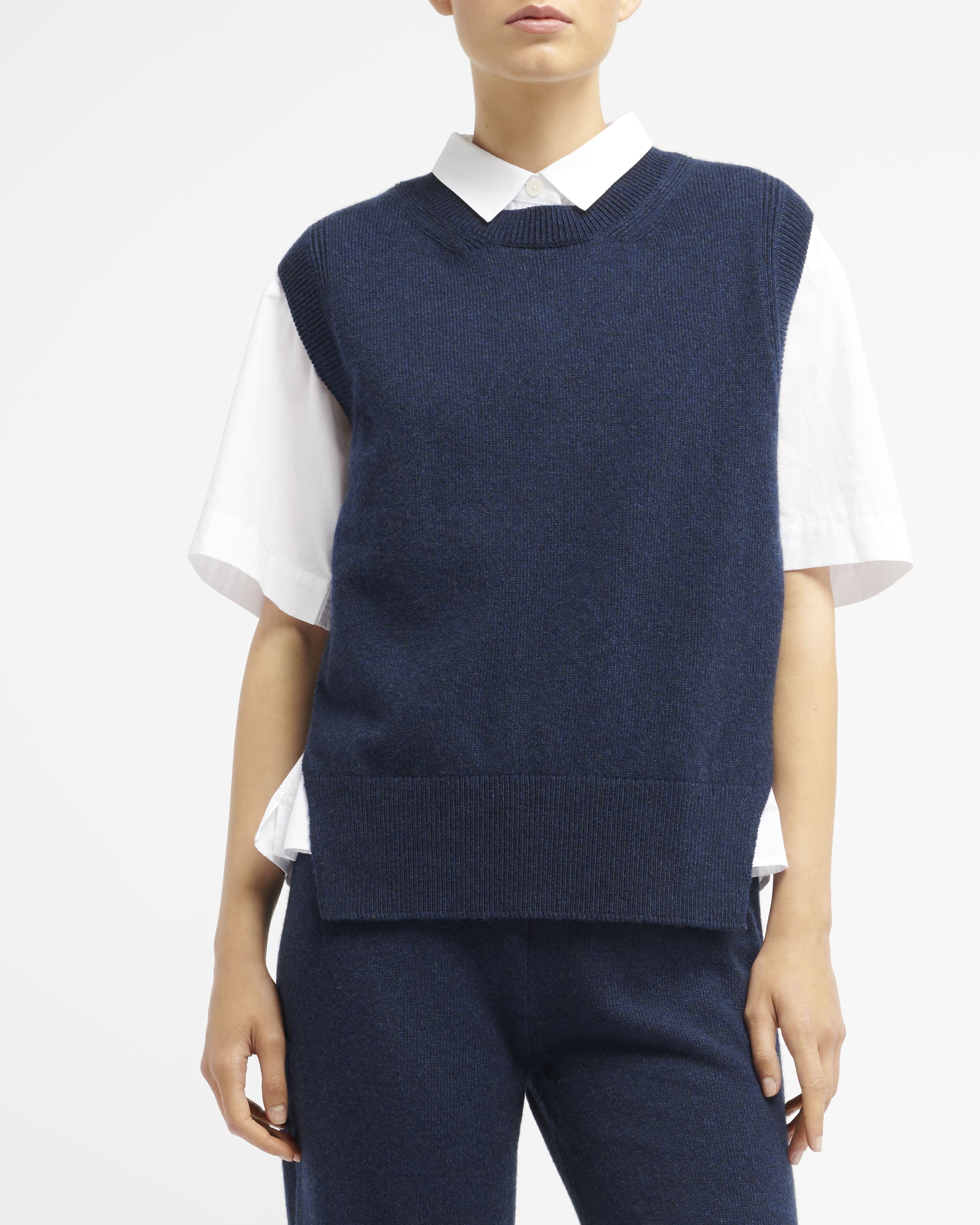 Iconic sleeveless cashmere jumper — on-body front view