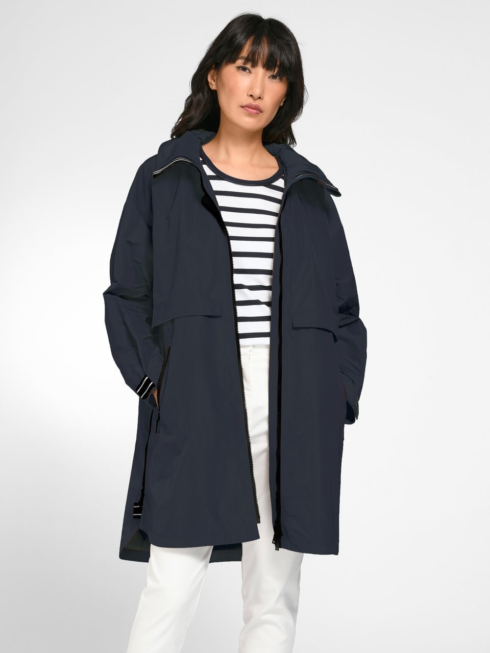 Navy short coat on model
