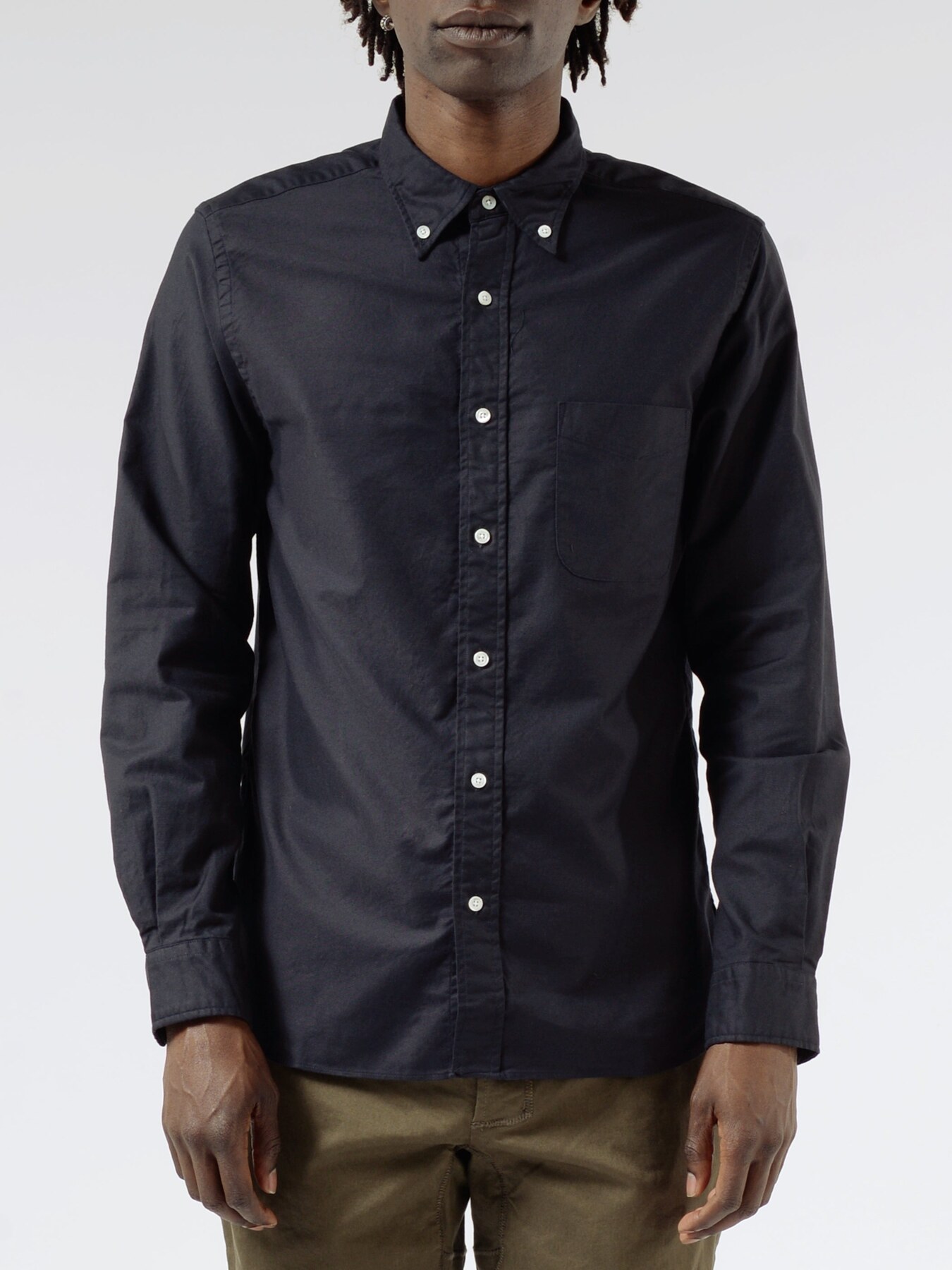 Navy oxford styled on body