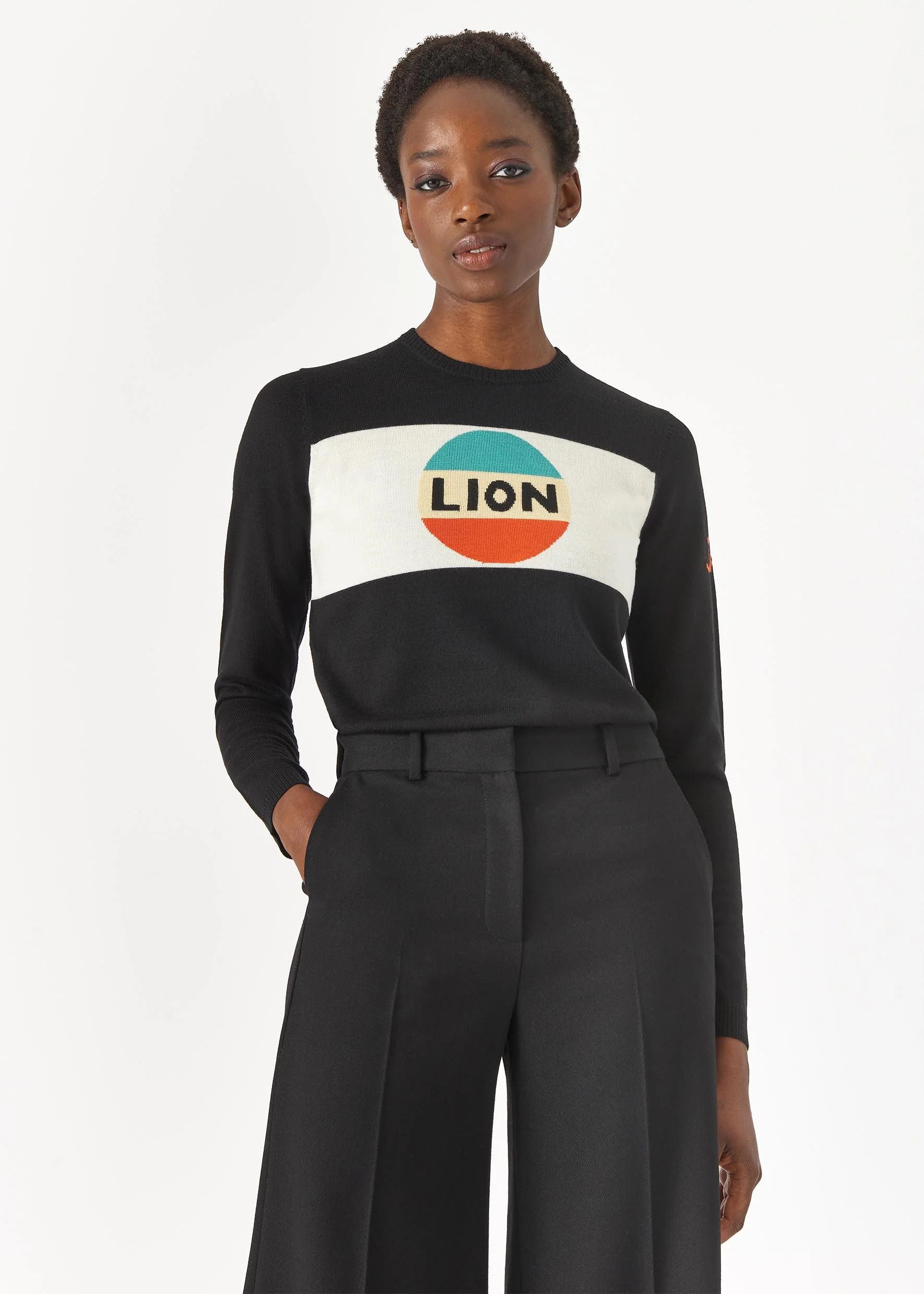 Lion Stripe jumper styled on model