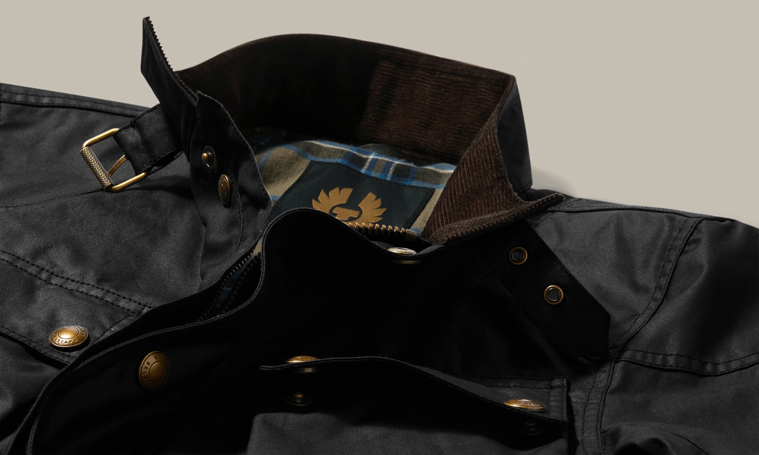 Corduroy collar and checked lining detail.