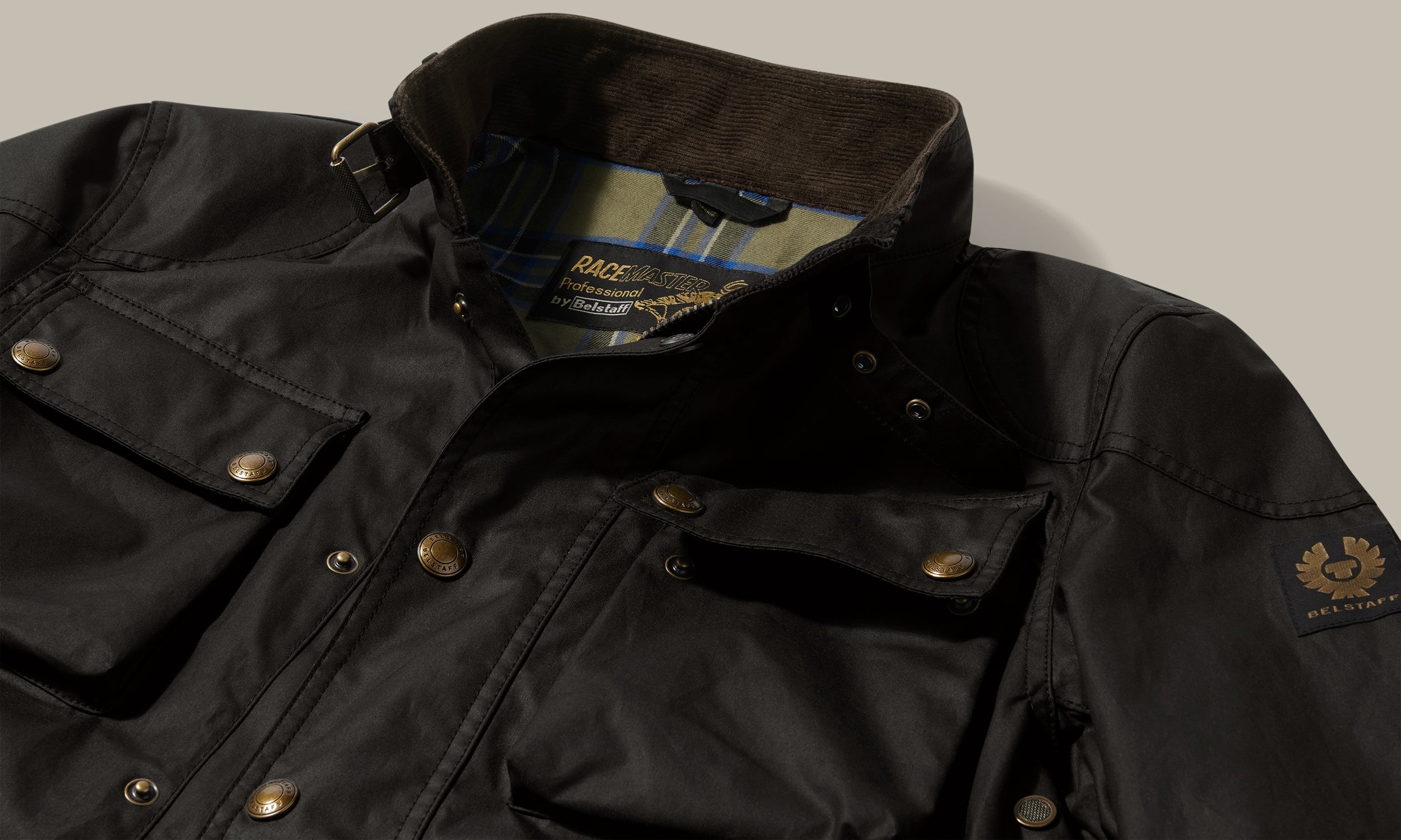 Racemaster collar and chest-pocket close-up.