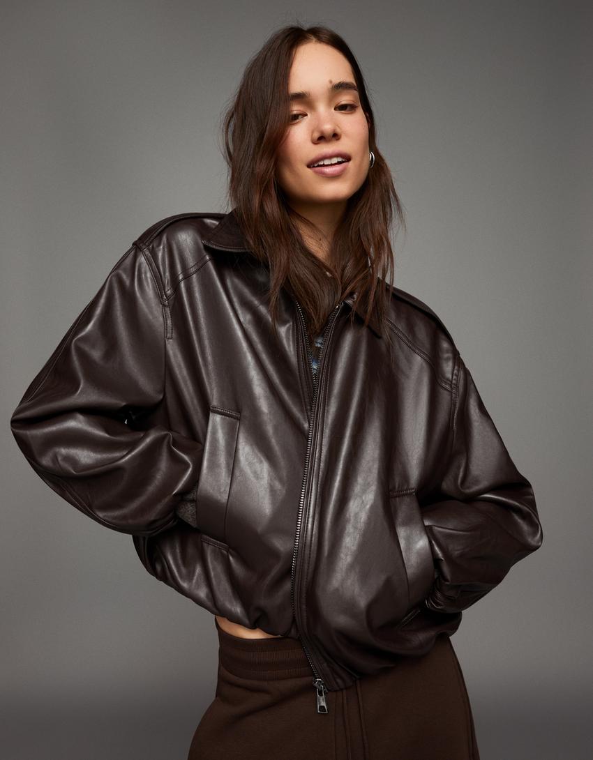 Faux leather balloon jacket