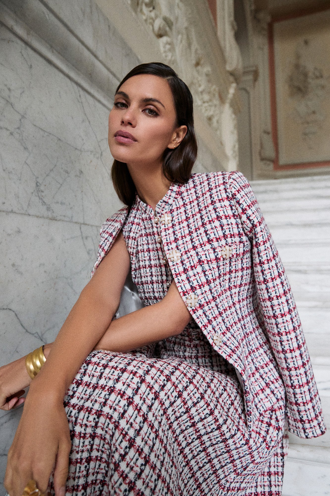 jacket worn with matching skirt