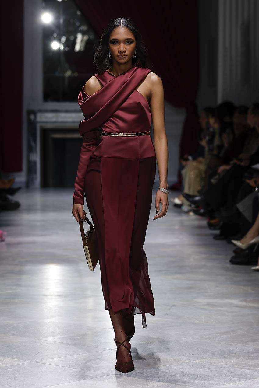 Claret Double Duchess Sheer Crepe Dress with Amrapali Sleeve