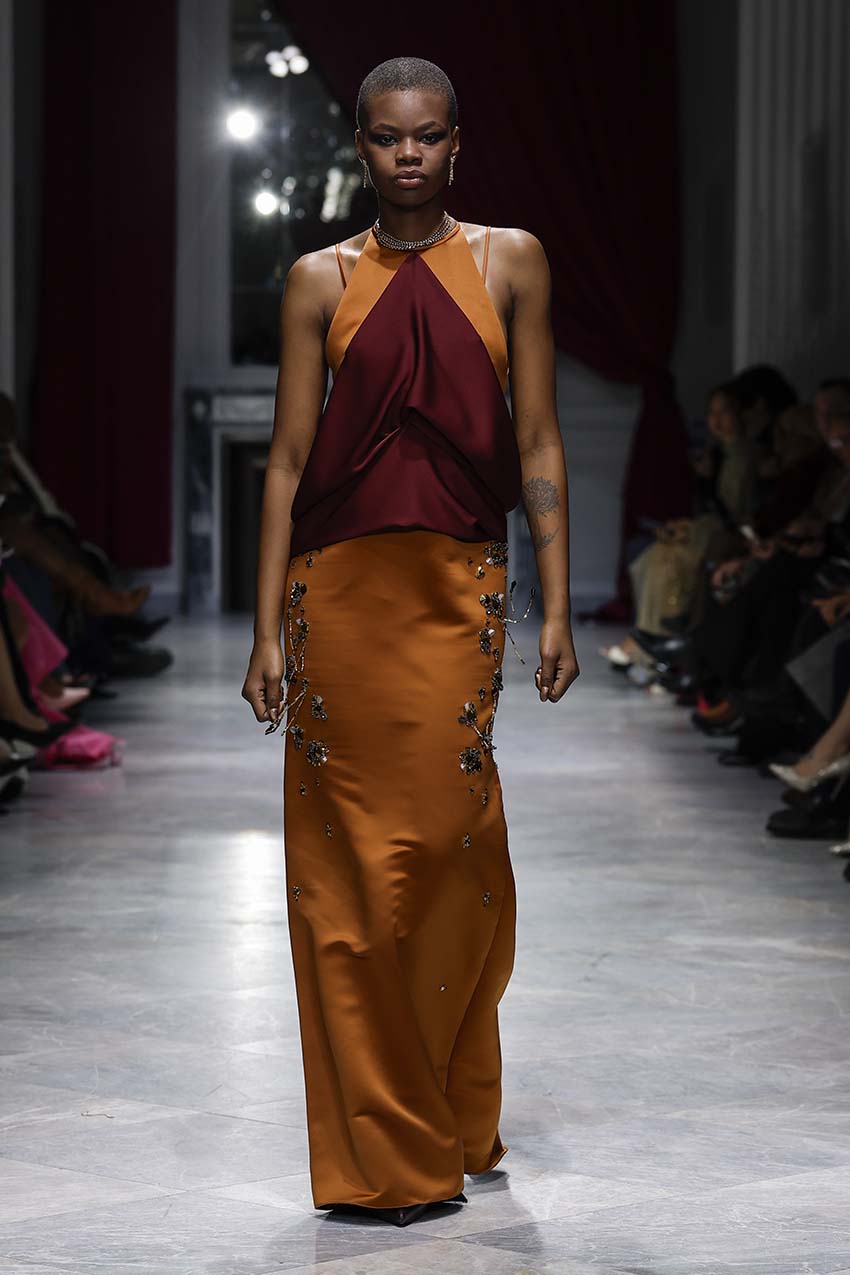 Copper Double Duchess Satin Gown with Jugnu Embroidery and Claret Satin Crepe Halter Drape