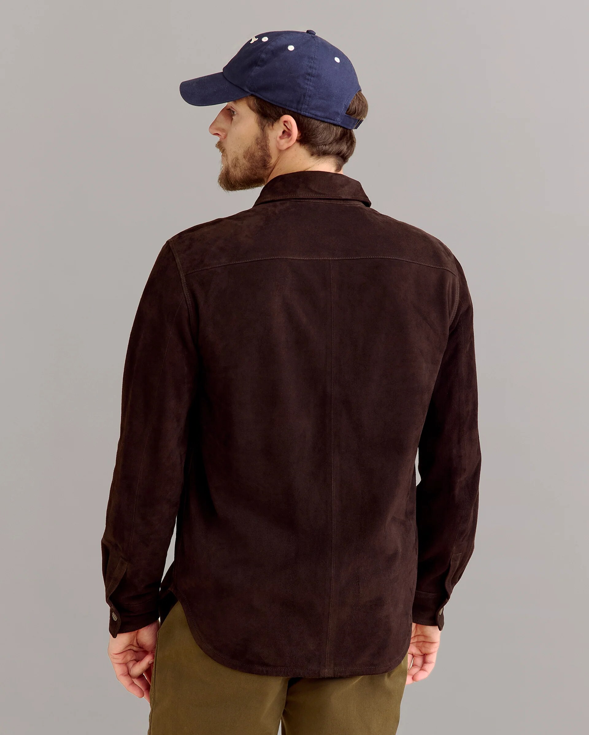 back view of the suede shirt-jacket shape