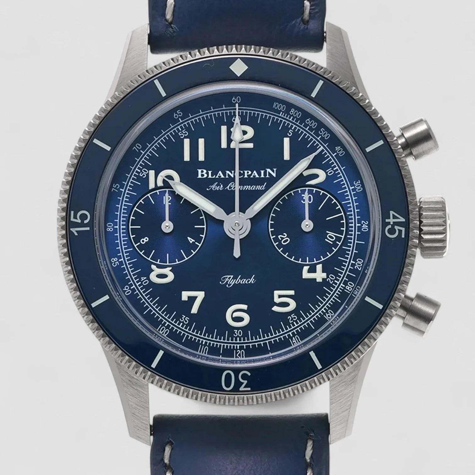 Straight-on view with Arabic numerals and two-register chronograph