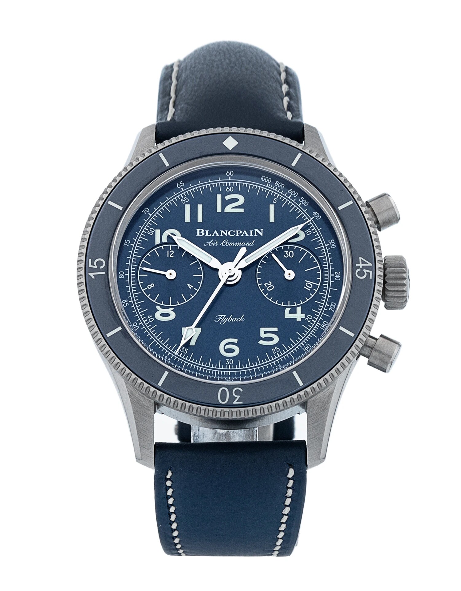 Clean front view of the titanium Air Command chronograph