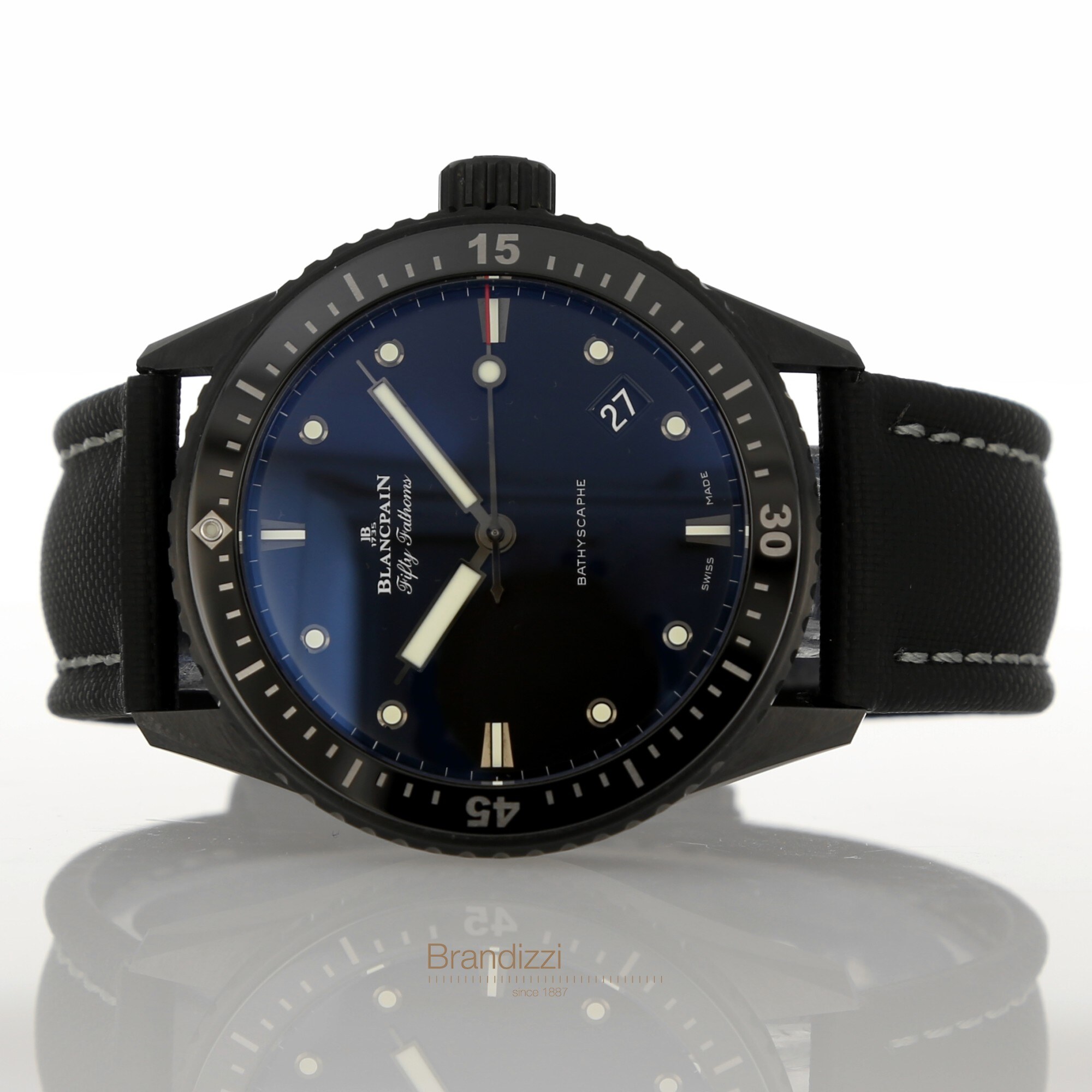 Side angle showing the ceramic bezel and strap profile