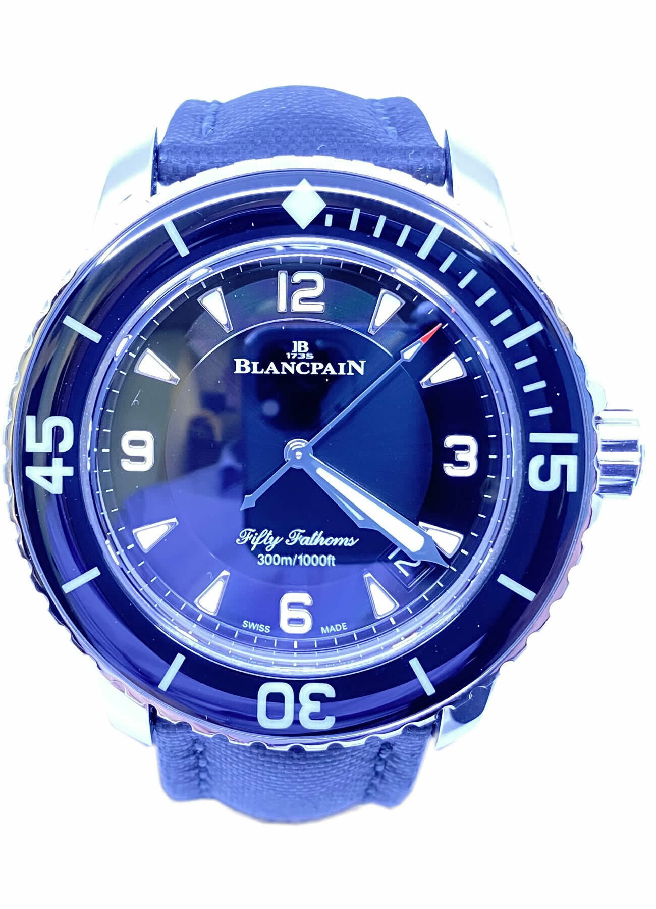 Blue Fifty Fathoms family variant showing the line’s bold luminous layout