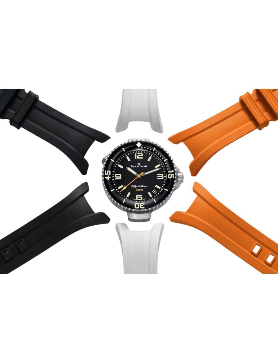 Strap layout and front view with orange and black options