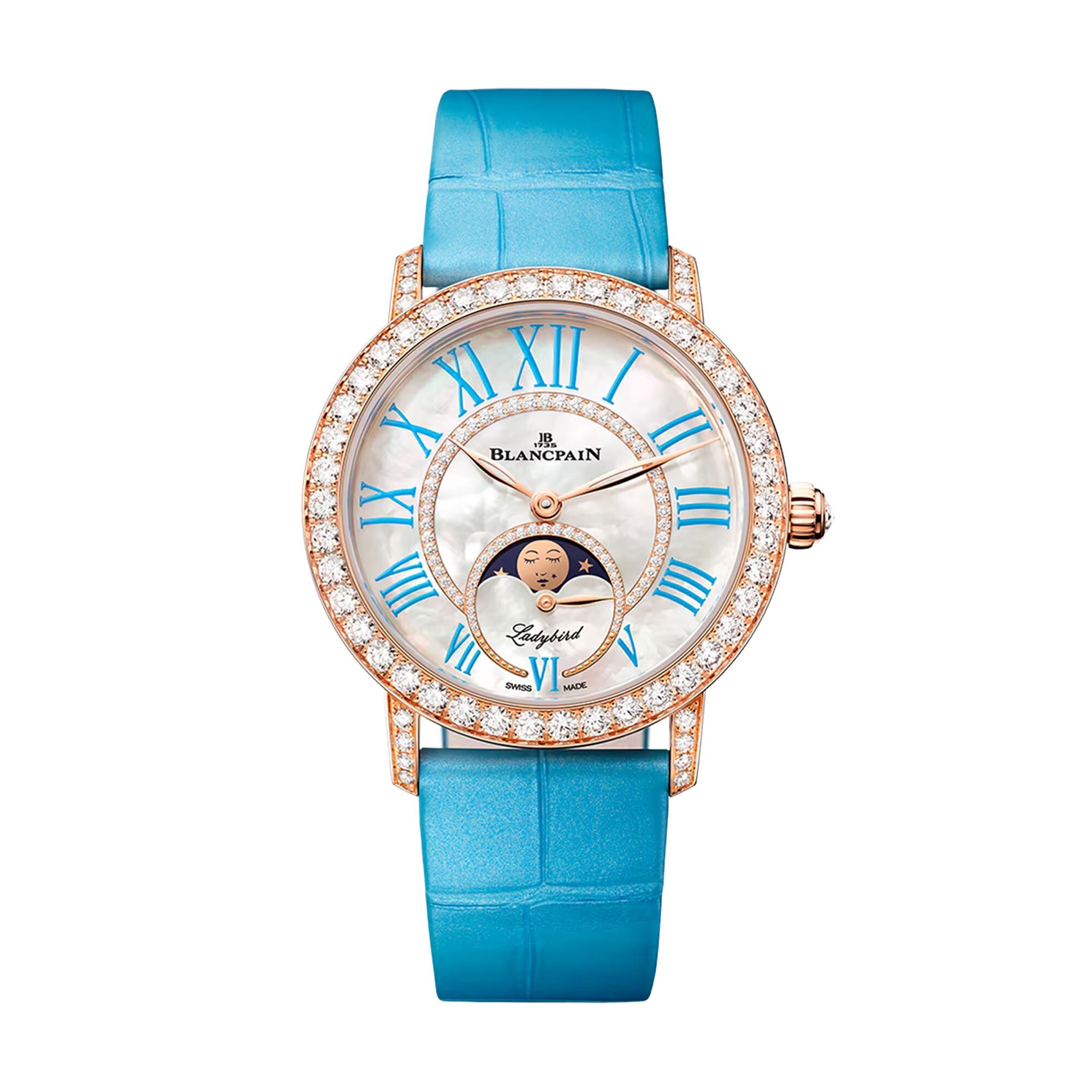 Blue-strapped diamond-set variant in full view